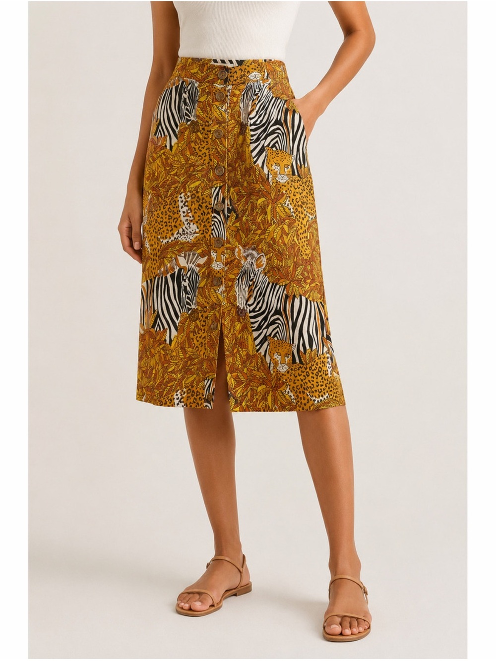 Maeve By Anthropology Yellow and Black Animal-Print Button-Front Midi Skirt